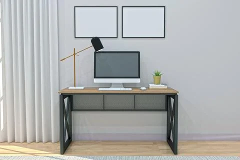 View of a working desk with a computer and different objects in a room - 3D rend Illustrazione stock