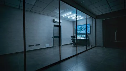 View on the workplace for security worker or operator in monitoring room Foto stock