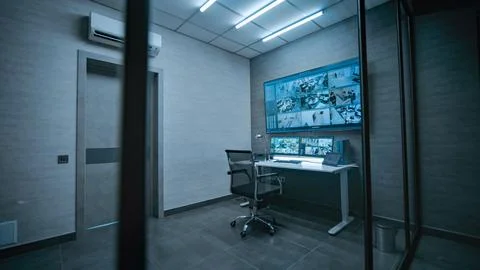 View on the workplace for surveillance operator or dispatch in monitoring room 스톡 사진