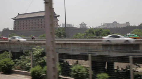 View of Xi'an city wall form moving train ,xi'an, shaanxi, china Stock Footage 37123313