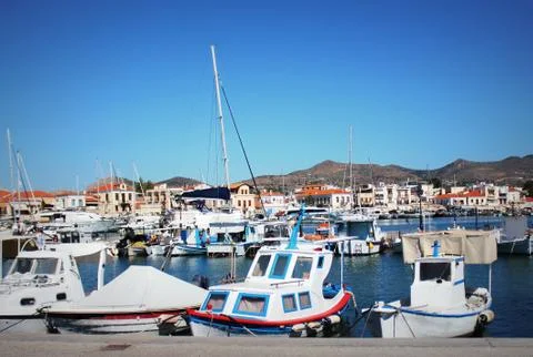 A view of yachts in the main marine at Aegina Island, Saronic Islands, Greece Stock Photos