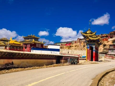 View of Yarchen Gar Monastery Stock Photos