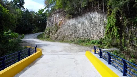 View from Yellow and Blue Bridge Facing Rural Curved Road Stock Footage 306801877