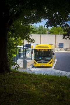 View on yellow bus of TEC, public transportation company in Wallonia, Belgium Stock Photos