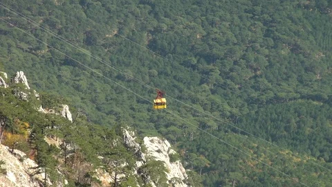 View of yellow cabin descending from Mount Ai-Petri on cable car. Stock Footage 106775017