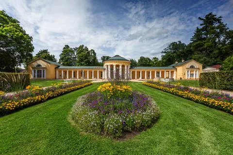 View of the yellow Ferdinand spring pavilion Stock Photos