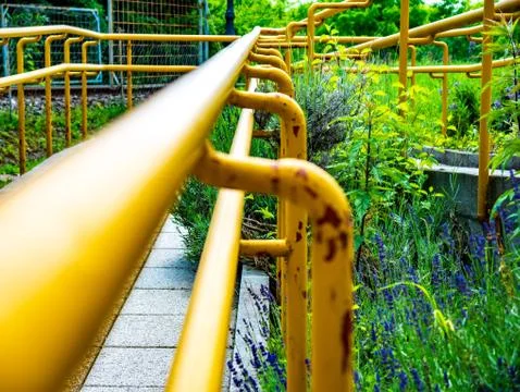View on a yellow railing of a sidewalk Stock Photos