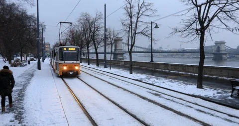 A view of Yellow tram in Budapest at winter Stock Footage 102355442