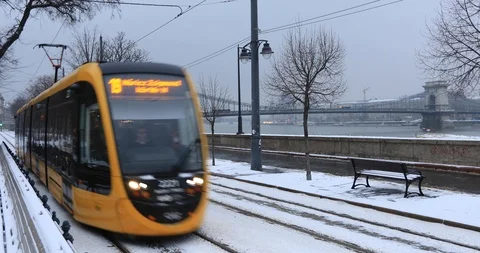 A view of Yellow tram in Budapest at winter Stock Footage 102355818