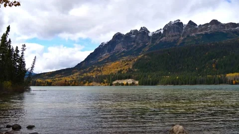 View of Yellowhead Lake in Mount Robson Provincial Park, Canada in autumn Stock Footage 166338651