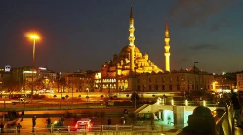 View of Yeni Cami at night Stock Footage 65206880