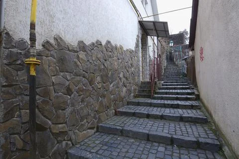 View of the Zamkovi Shody - Castle Steps - lane, one of landmarks of Uzhgorod Stock Photos