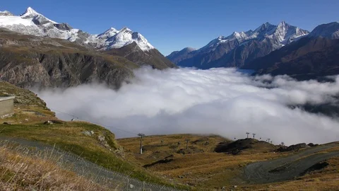 View of Zermatt cable car valley cloud Switzerland Stock Footage 90034434
