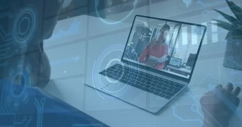 Viewer leaning toward laptop, joining business call, presenter speaking with Stock Footage 329751086