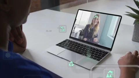 Viewer placing hand on touchpad, overlaying HUD icons and reviewing CO2 chart in Stock Footage 335282234