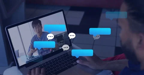 Viewer typing on laptop trackpad generating chat bubbles stacking then fading Stock Footage 314409041