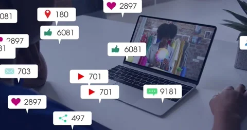 Viewer watching laptop; host starting retail stream, notifications flooding Stock Footage 330426361
