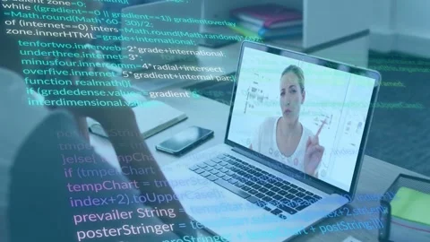 Viewer watching laptop while presenter starting software demo, code overlay Stock Footage 332901899