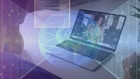 Viewer working, reaching for keyboard while business call launching 3D globe, UI Stock Footage 334693991