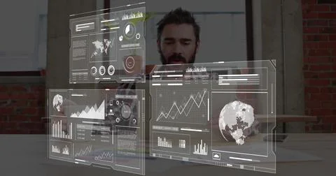 Viewing analyst in dark jacket at loft, studying hologram panels with 3D globe, Foto stock