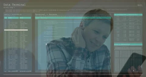 Viewing animation on screen, person in plaid shirt with computer code overlay Stock Footage 305728597
