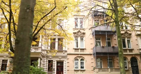 Viewing bright elegant building during sunny day surrounded by autumn trees Stock Footage 230488643