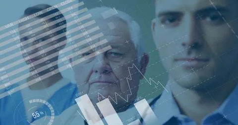 Viewing clinician team analyzing data overlay in clinic showing 55% gauge Stock Photos