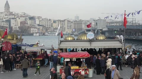 Viewing crowded Eminonu Square and food courts Stock Footage 312991081