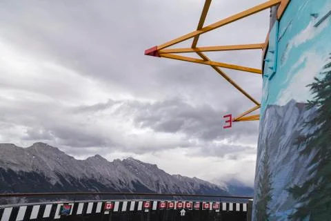 Viewing deck of the on summit of Sulphur Mountain in Banff. Stock Photos