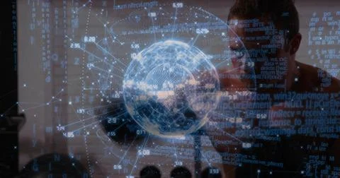 Viewing developer wearing dark crew-neck shirt examining 3D globe at tech lab, 스톡 사진
