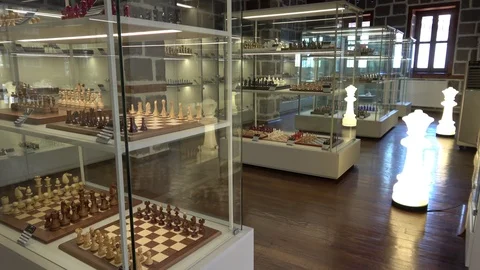 Viewing different chessman collection in museum hall Stock Footage 118292557