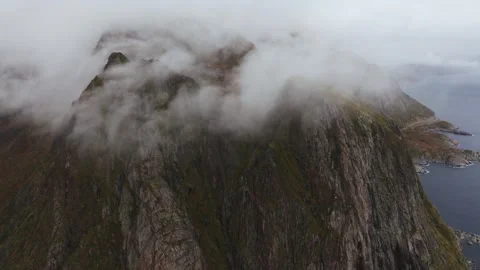 Viewing the Dramatic Landscape of Lofoten, Norway: Aerial Perspective of Steep Stock Footage 255742145