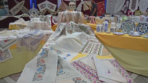 Viewing needlework and other objects of art Stock Footage 196939102