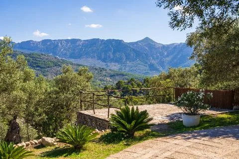 Viewing platform against backdrop of Mallorca picturesque mountains, surround Stock Photos