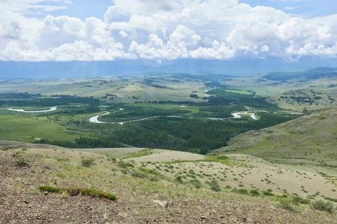 Viewing platform on Chuyskie meanders, Mountain Altai. Magnificent view. Stock Photos