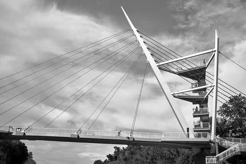 Viewing platforms on the cable-stayed bridge over the Warta River in Owinska Stock Photos