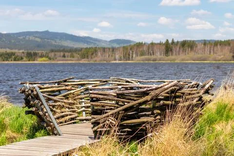 Viewing point in the shape of a bird's nest by the Olsina pond Stock Photos
