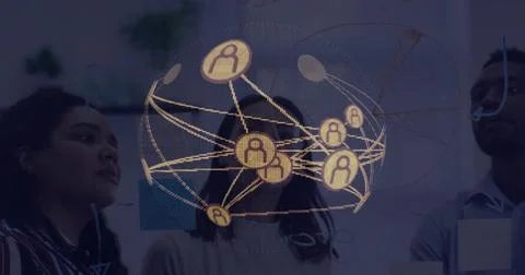 Viewing team studying sphere network in office with writable glass and post-its Stock Photos