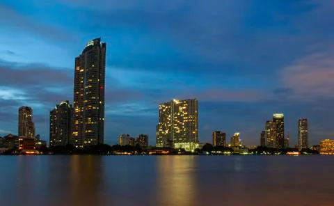 View.Night time By the Chao Phraya River Stock Photos