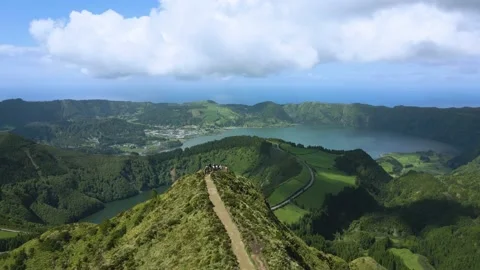 Viewpoint on 2 large blue-green lakes on the island of Sao Miquel - Miradour Stock Footage 195162466