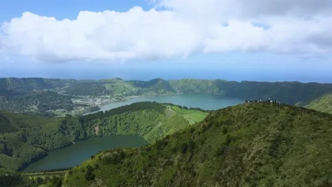 Viewpoint on 2 large blue-green lakes on the island of Sao Miquel - Miradour Stock Footage 195162542
