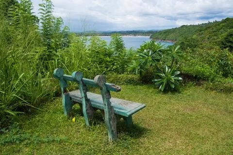 Viewpoint with bench overlooking the ocean or sea in Sri Lanka in Rumassala R Фото