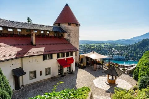 Viewpoint of Bled Castle from which you can see spectacular views of the lake at Stock Photos