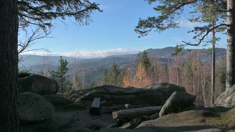 Viewpoint with a campfire in the mountains. Day sunny weather. 스톡 동영상 295375332