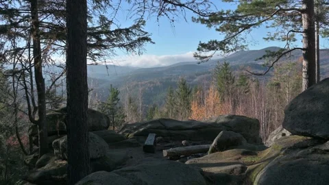 Viewpoint with a campfire in the mountains. Day sunny weather. 스톡 동영상 295375552