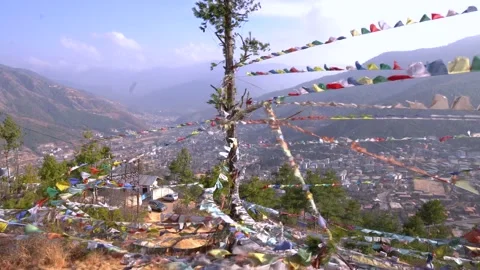 The viewpoint with colorful flags in Thimphu, Bhutan Stock Footage 236004149