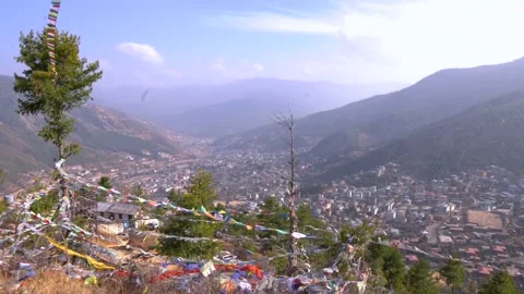 The viewpoint with colorful flags in Thimphu, Bhutan Video stock 236004261