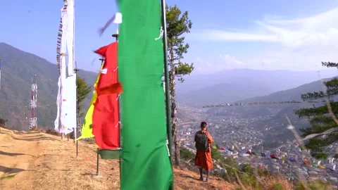 The viewpoint with colorful flags in Thimphu, Bhutan Stock Footage 236004432