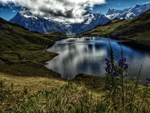 Viewpoint with Dramatic Colors at Alps Lake of Bachalpsee near Grindelwald and L Stock Photos