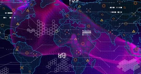 Viewpoint expanding while magenta mesh wave sweeping continents and adding map Stock Illustration